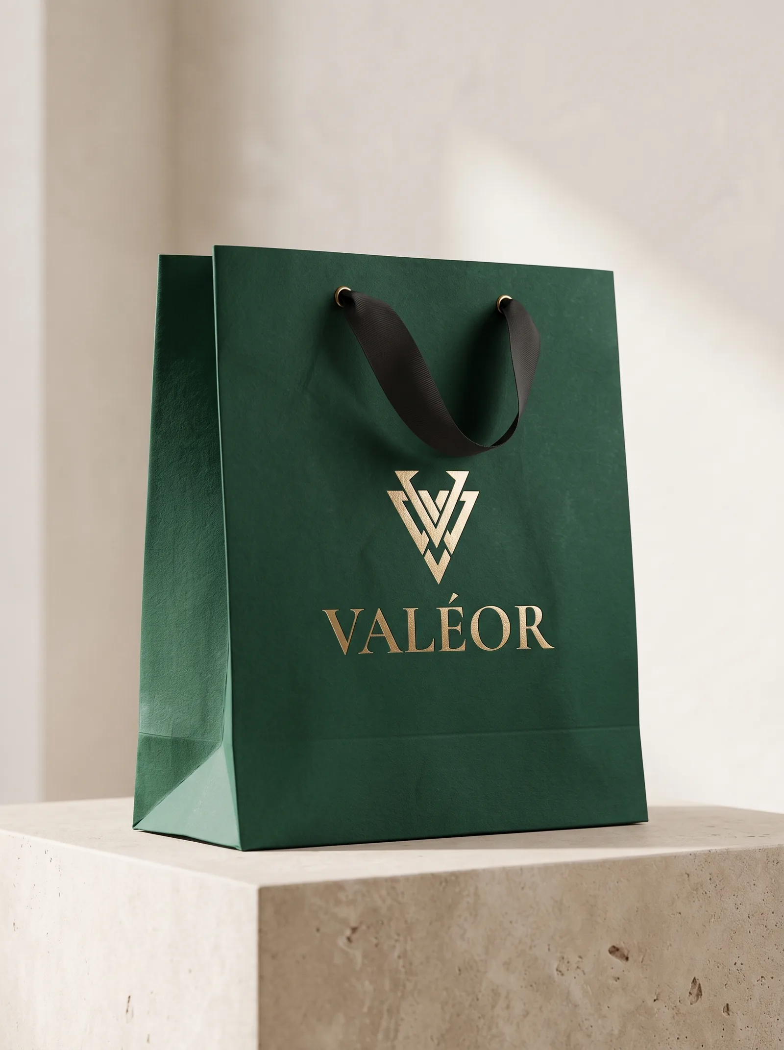 The green VALÉOR shopping bag with a gold foil logo, standing on a travertine plinth